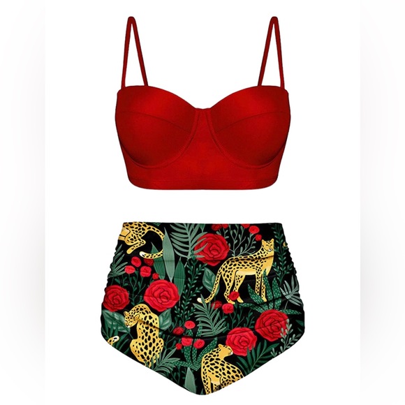 NWOT Aixy Vintage Retro Pin Up High Waist Bathing Suit Underwire Top Bikini Set - Picture 1 of 8